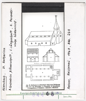 Vorschaubild Allensbach: St. Katharina, Grundriss, Querschnitt, Längsschnitt, Perspektivische Südansicht 